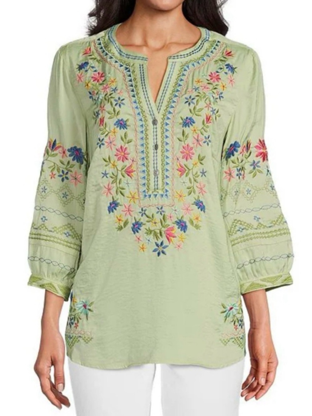 John Mark Tunic 2X Blouse Green Floral Embroidered Y-Neck 3/4 Sleeve Plus Size